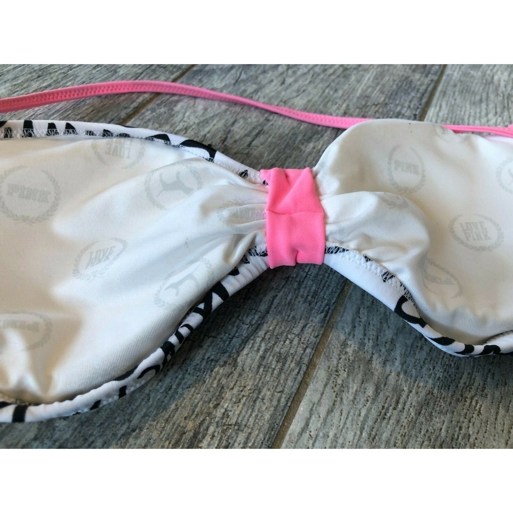 PINK Victoria's Secret Bikini Top Medium Swimsuit Script Bandeau Swim Womens - Picture 2 of 7